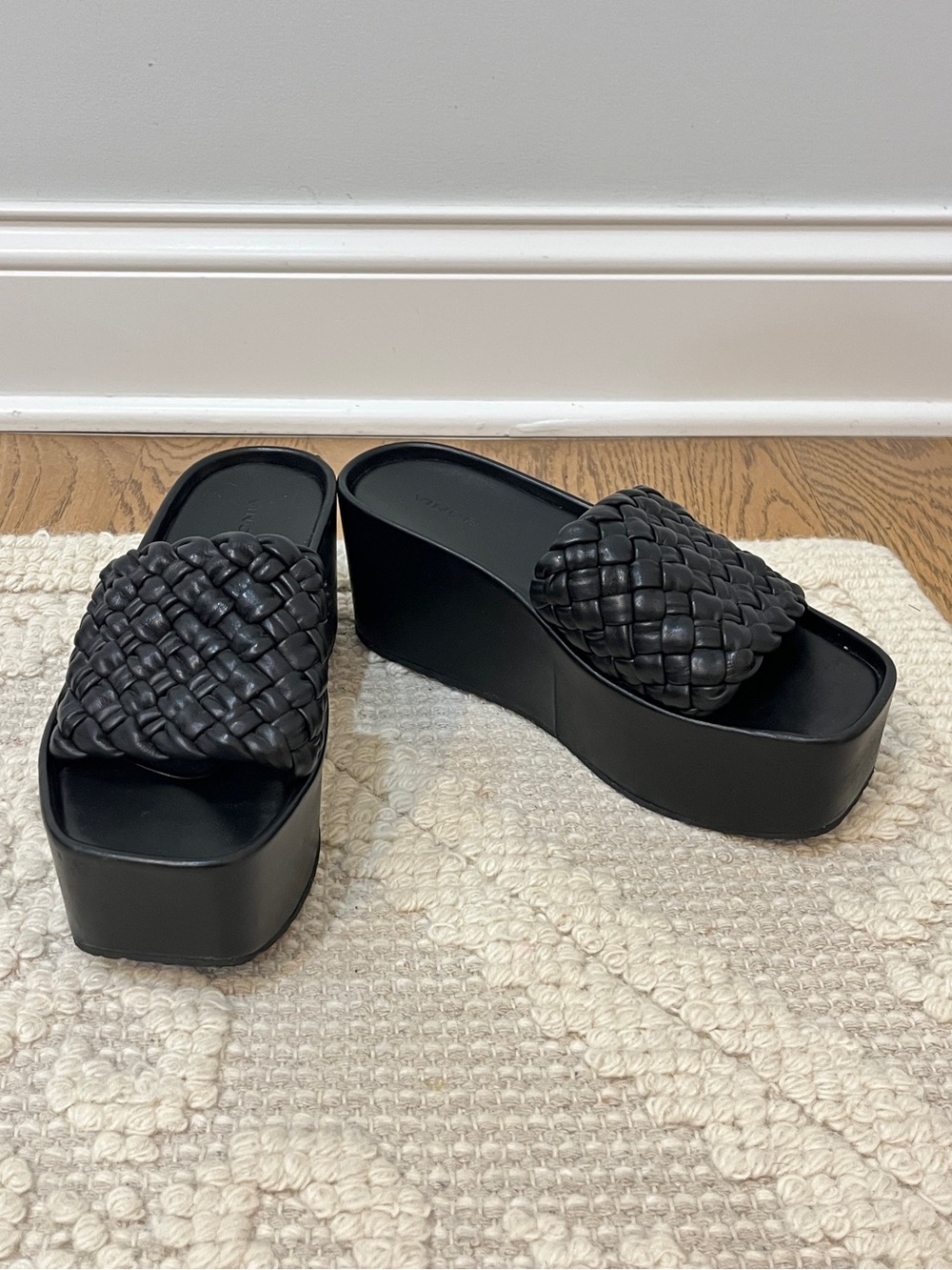 Vince Mari Black Leather Woven Platform Wedge Sandal